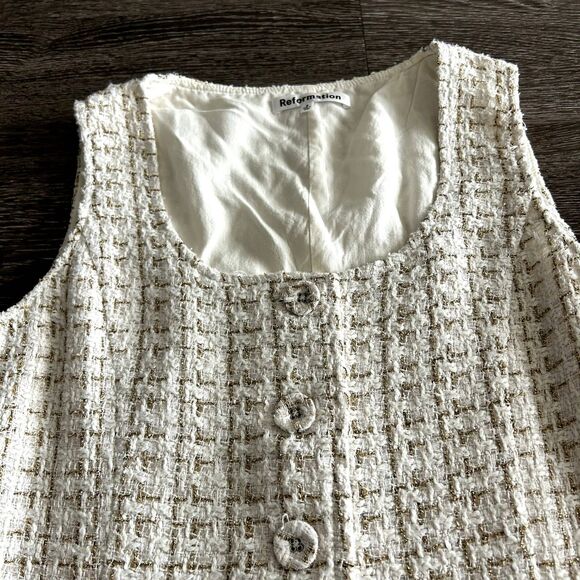 EUC Reformation Jaine Tweed Mini Dress Size 8 White Cream Gold Button Front Chic - Picture 5 of 15
